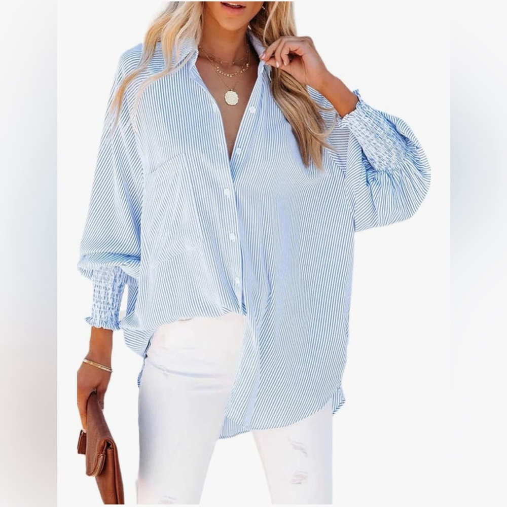 NEW Shirred Cuffed Striped Boyfriend Shirt Button down Long Sleeve Oversized 2X